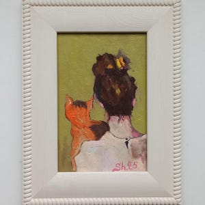 Origineel olieverfschilderij ingelijst, Vrouwen met kat, vrouwelijk portret zonder gezicht, cadeau voor kattenliefhebber, origineel meisje met kat, rode kattenkunst, dierenkunst