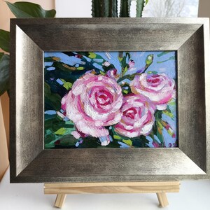 Rosas rosadas originales enmarcadas, pintura floral en flor, bodegón empastado, flores texturizadas, arte floral, regalo para el Día de la Madre