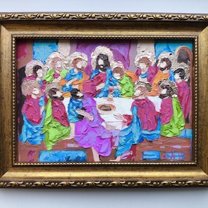 Pintura de la Última Cena, Señor Jesús Impasto, Discípulos de Cristo Original, Obra Cristiana Moderna, Arte Texturizado de Dios, Regalo Digno