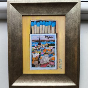 Ciudad de Riga original enmarcada, obra de arte de Letonia, pintura de paisaje urbano, arte de cerillas, pintura de viajes, naturaleza muerta firmada por el artista, arte de los países bálticos