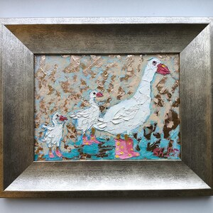 Pájaros originales enmarcados, pintura de gansos, arte animal, obra de patos y patitos, pájaro optimista original, arte de gansos con botas, decoración infantil