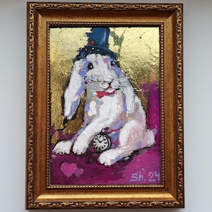 Conejito original enmarcado, retrato de conejo, pintura al óleo, animales empastados, conejo con reloj, arte de Alicia en el país de las maravillas, regalo de Pascua
