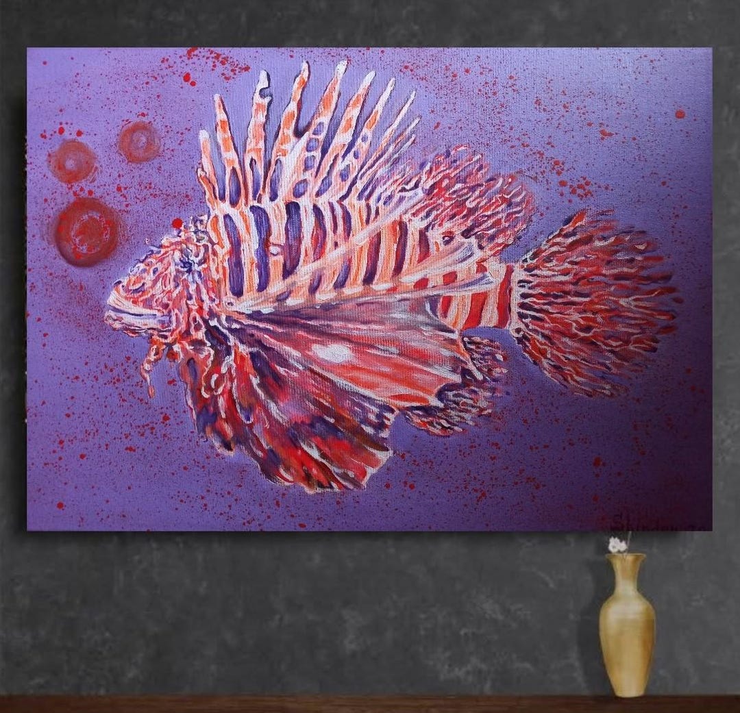 Very Large Scale Fish Design Large Fish Original Canvas, Lionfish Painting, Animals Artwork ...