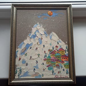 Peinture sportive 3D, paysage de ski d'hiver, montagne impasto originale, art texturé sur toile, art mural abstrait, cadeau digne