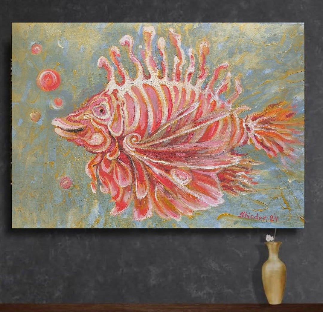 Very Large Scale Fish Design Large Fish Original Canvas, Lionfish Painting, Under Water Animals Art ...
