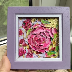 Pintura a óleo de flor de rosa, impasto floral, arte de rosa rosa, arte de parede abstrata dourada, mini arte, moldura feita à mão, presente para ela, presente para a família
