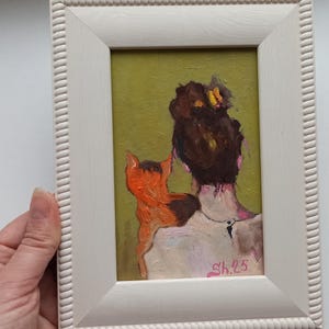 Pintura al óleo original enmarcada, mujer con gato, retrato femenino sin rostro, regalo para amantes de los gatos, niña con gato original, arte de gato rojo, regalo para ella