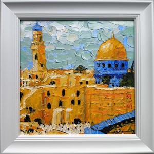 Jerusalén original enmarcada, paisaje urbano de Israel, pintura al óleo de la ciudad de Oid, obra de arte del Muro de los Lamentos, arte de viajes asiáticos, pintura de paisaje empastada, regalo