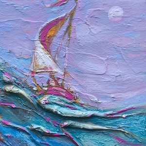 Velero original enmarcado, paisaje marino abstracto, pintura de empasto marino, obra de arte con textura oceánica, arte náutico de barcos, arte de barcos de la marina de Miami Beach