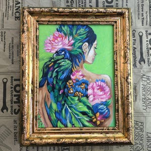 Retrato de mulher emoldurado, Menina com flores original, Pintura a óleo de pavão, Arte feminina moderna, Retrato original, Arte de menina fantasia, Presente moderno