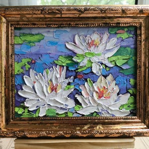 Nenúfares originales enmarcados, pintura de flores empastadas, obra de arte de flor de loto, naturaleza muerta, arte floral texturizado, regalo moderno