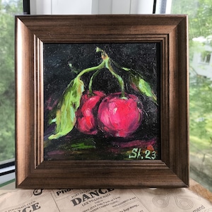 Cereza original enmarcada, obra de arte de la fruta del amor, pintura al óleo de cereza, bayas originales, arte de frutas, bodegón, decoración de pared de cocina, regalo moderno