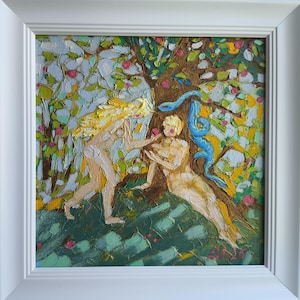 Jardín del Edén original enmarcado, pintura de Adán y Eva, obra cristiana moderna, arte texturizado de paisajes, pintura del Espíritu Santo, regalos para el Día de la Madre