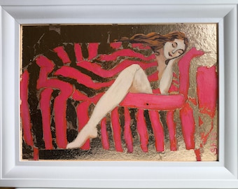 Retrato de mulher emoldurado, menina dormindo original, pintura a óleo de menina, arte feminina moderna, retrato original, arte de menina fantástica, arte moderna