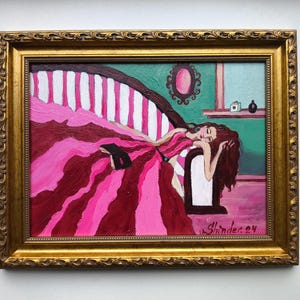 Retrato de mujer enmarcado, niña durmiendo original, pintura al óleo de niña, obra de arte femenina moderna, retrato original, arte de niña de fantasía, regalo moderno