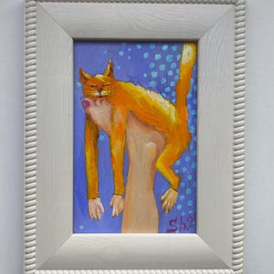 Gato original enmarcado, pintura al óleo de gato durmiendo, obra de arte animal, pintura de gato rojo, decoración optimista para el hogar, regalo para amantes de los gatos, arte de fantasía, regalo