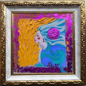 Pintura al óleo de mujer enmarcada, obra de arte de niña, retrato femenino original, arte de sol de mujer, retrato original, arte de fantasía de niña, regalo moderno