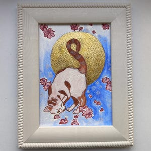 Pintura de gato, gato blanco original, acuarela animal con pan de oro, dibujos animados enmarcados en acuarela, ilustración de gato con flores, arte de gato y sol