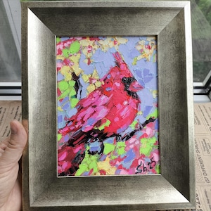 Cardinal Original emoldurado, pintura de pássaro vermelho, arte de animais, arte de pássaros brilhantes, arte botânica pequena, arte rústica colorida, presente Unigue