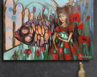 Pintura original de mulher grande, óleo sobre tela com papoulas, retrato de garota fantástica, arte animal, surrealismo feito à mão, arte de Shinder