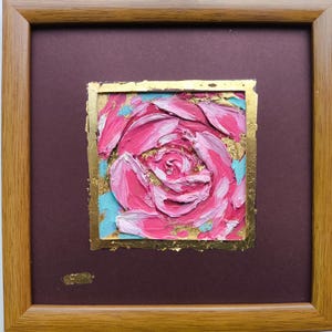 Rosa original emoldurada, pintura em impasto de flores, arte de rosas cor-de-rosa, arte de parede abstrata, arte fina texturizada, decoração feita à mão, presente para ela