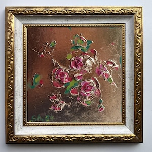 Arte original de rosas doradas, pintura al óleo de flores, empasto floral enmarcado, obra de arte de rosas rosadas, arte mural abstracto, arte de bodegón con flores texturizadas.
