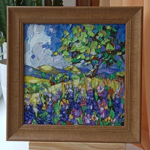 Arte original de lupino azul de Texas, pintura de roble, parque nacional enmarcado con impasto, pintura al óleo de paisaje, regalo de obra de arte impresionista