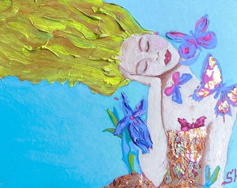 Pintura a óleo original emoldurada de mulher, retrato feminino, obra de arte com borboletas, retrato feito à mão, arte moderna, arte Shinder