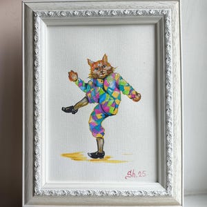 Gato original enmarcado, acuarela de gato bailando, acuarela de animales, pintura de ropa de gato rojo, decoración del hogar optimista, regalo para amantes de los gatos, arte de fantasía