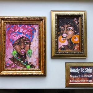 Conjunto original de mujer africana, retrato de mujer negra, pintura de chica americana, arte abstracto, niña enmarcada con empasto, retrato femenino, regalo