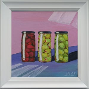 Aceitunas originales enmarcadas, pintura de tarros de aceitunas, naturaleza muerta de cocina, arte de comida, arte original de aceitunas enlatadas, pintura de rama de olivo, regalo