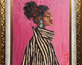 Arte original de mulher africana, retrato de mulher negra, pintura a óleo de menina americana, arte abstrata, menina em impasto emoldurada, obra feminina feita à mão
