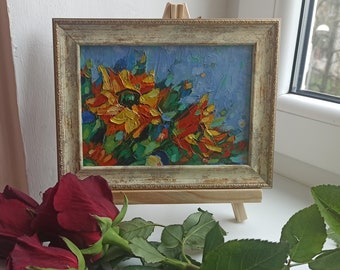 Sonnenblumen-Ölgemälde, florales Impasto-Gemälde, Blumen-Kunstwerk, abstrakte Wandkunst, Mini-Kunstwerk, Geschenk für Sie, handgefertigt gerahmt