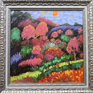 Grande paisagem original emoldurada, pintura a óleo de árvores, impasto do Parque Nacional, arte de Bluebonnet do Texas, arte da vida selvagem, arte impressionista para presente