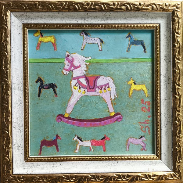 動物の馬のオリジナル、ロッキングホースの絵画、動物のアートワーク、楽観的なおもちゃの馬の手作り、抽象的なホームデコレーション、子供部屋の壁アート