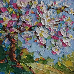Impasto de flor de cerejeira, pintura de paisagem de jardim, arte impressionista de primavera, arte de árvore florida, arte de parque nacional, presente impressionista