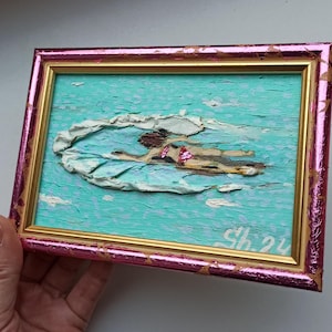 3D Sport Zwemmend Meisje Schilderij, Rust Kunst, Zeegezicht Origineel, 3D Zee Impasto, Golf Kunstwerk, Textuur Muurkunst, Mini Ingelijste Kunst, Waardig Cadeau