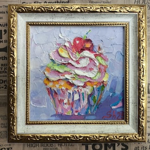 Cupcake original enmarcado, pintura de pastel, obra de arte de dulces, pintura de empaste de comida, arte del desierto, arte de pared de cocina, naturaleza muerta, dulces originales