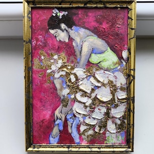 Arte de pared dorado, pintura de ballet, obra de arte de bailarina empastada, pintura al óleo original abstracta enmarcada, regalo para ella, regalo para la familia