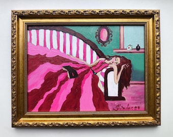 Retrato de Mulher, Menina Adormecida Original, Pintura a Óleo de Mulher, Obra de Arte Feminina Moderna, Retrato de Menina Fantástica, Arte de Parede Original Moderna