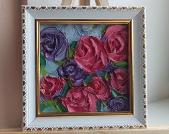 Rosen-Blumen-Ölgemälde, florales Impasto-Gemälde, rosa Rosen-Kunstwerk, Wandkunst, Mini-Kunstwerk, handgefertigt gerahmt, Geschenk für Sie