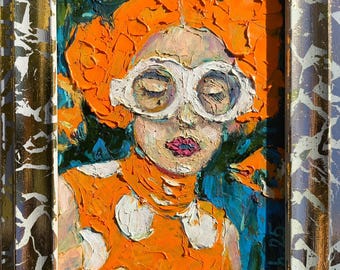 Retrato abstrato original de mulher emoldurado, pintura a óleo moderna de uma garota, arte de parede feminina, impasto facial único, obra de arte feminina retrô