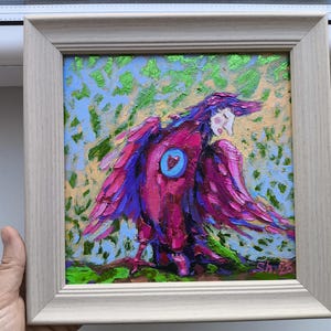 Fantasievogel olieverfschilderij, heldere vogel met hart impasto, dierenkunstwerk, huisdierportret, hartkunst, optimistische vogel origineel, cartoonkunst