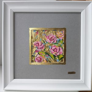 Pintura a óleo de rosas, impasto de flores de amantes, decoração de rosas cor-de-rosa, arte de parede abstrata dourada, arte fina texturizada, 100% artesanal, presente para ela, presente