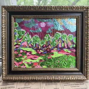 Peinture de paysage abstrait 3D, coucher de soleil sur la nature, œuvre d'art originale de forêt, beaux-arts fantastiques, peinture de village lumineux, encadrée à la main, cadeau