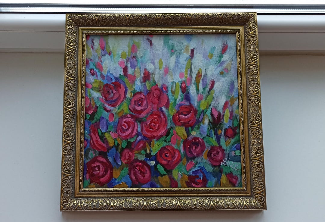 Framed Roses Roses Original Framed, Roses Painting Canvas, Lover Flowers Landscape ...