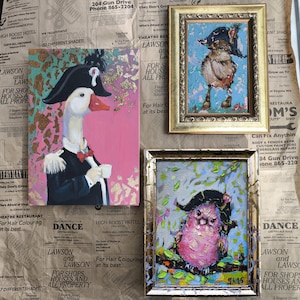 Bundle Birds Original, Animal Art Framed, Goose Artwork, Sparrow in Hat Oil Painting, Optimistic Birds Original, Cartoons Decor, Fantasy Art