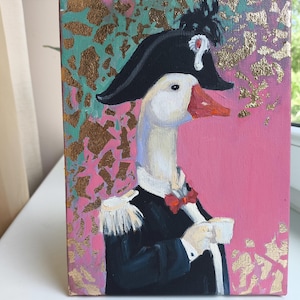 Bird Goose Original, Goose Napoleon Painting, Goose with Coffee Artwork, Optimistic Bird Original, Animal Art, Cartoons Decor, Fantasy Art
