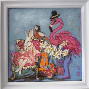 Pintura original de conejo, empastado de flamenco, pintura al óleo de gato, arte de aves, arte animal, retrato de mascota, arte de Alicia en el país de las maravillas, arte fantástico