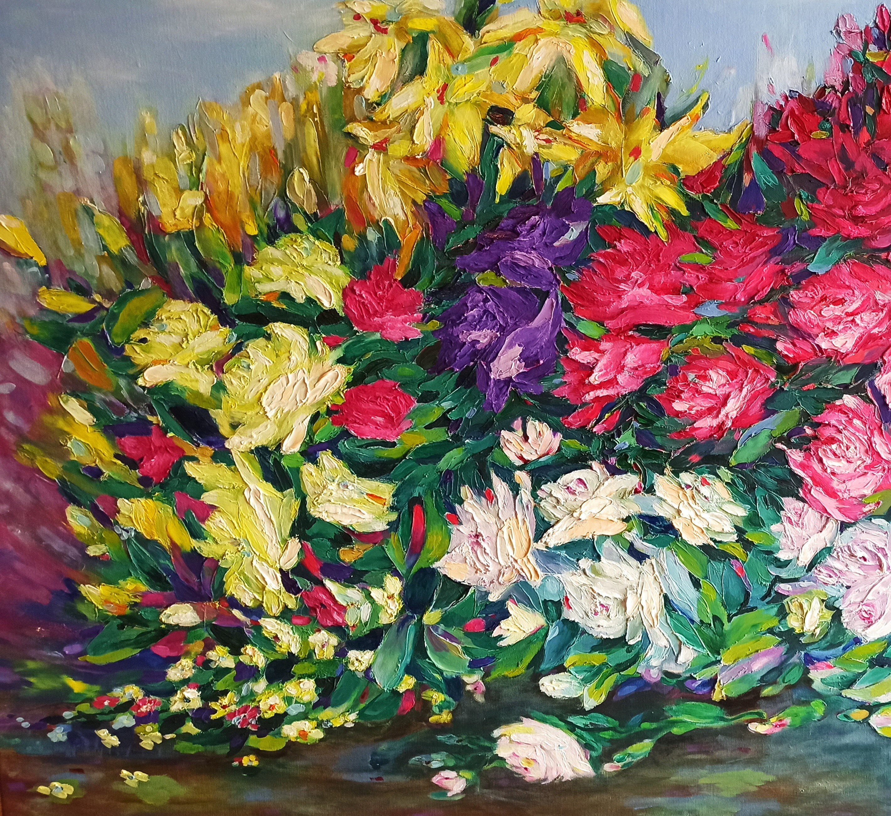 大きな花の油絵 オリジナルの花のアート作品 抽象的な花の絵画